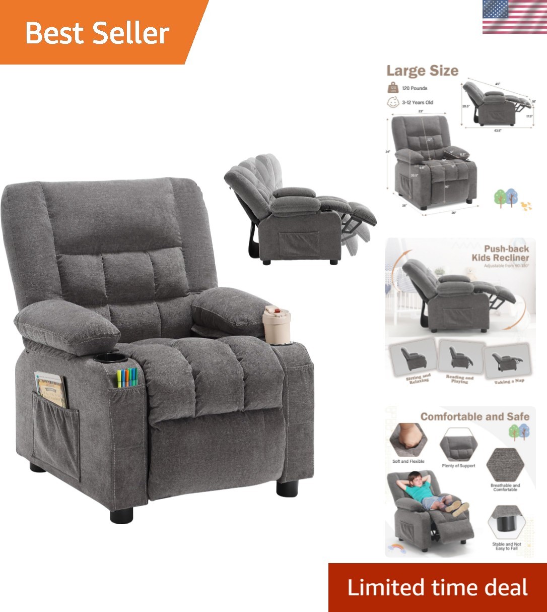 Kids Recliner Chair， Push Back Toddler Recliner with Cup Holders & Side Pocke...