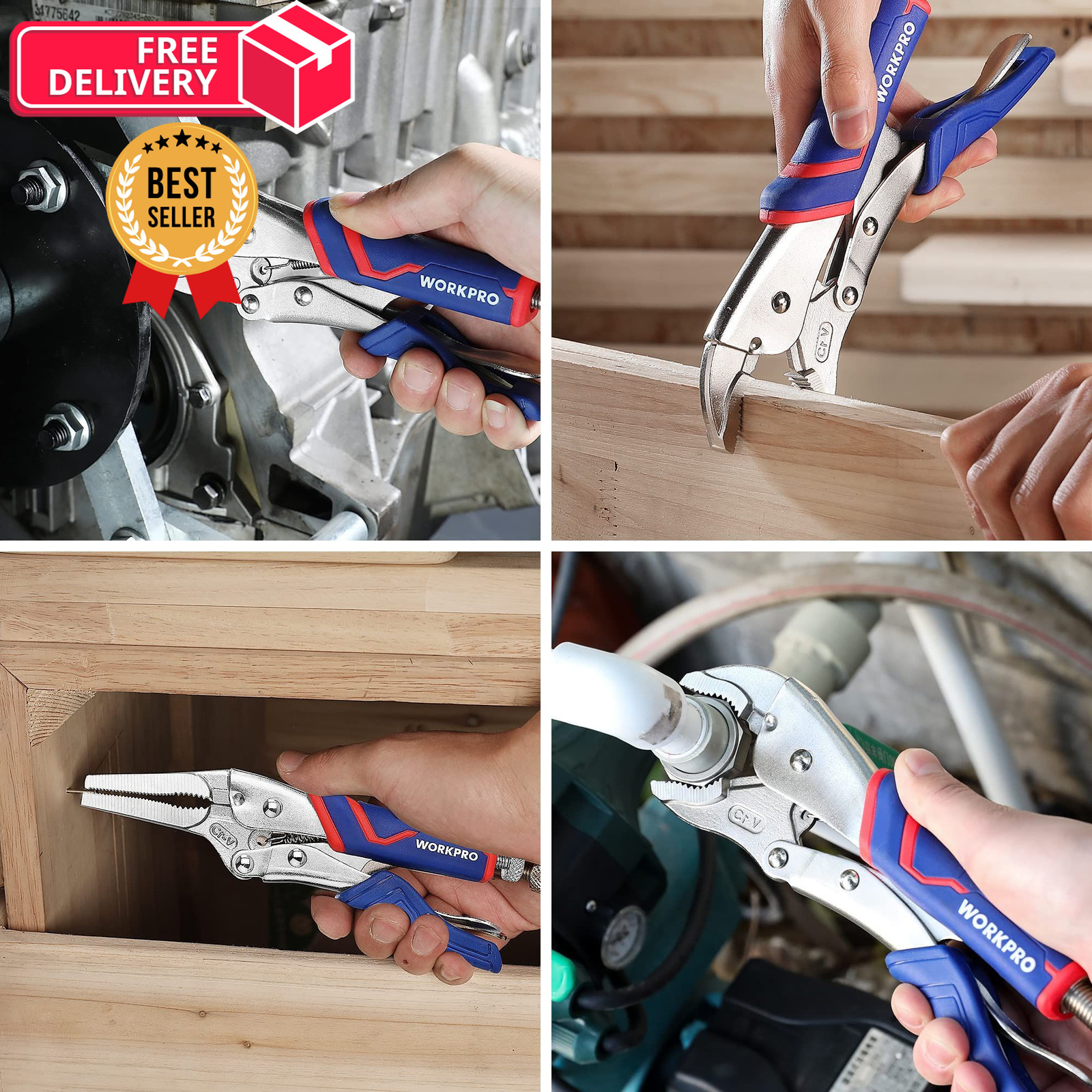 WORKPRO 4-Piece Locking Pliers Set with Comfortable 4PC Pliers, Blue&red