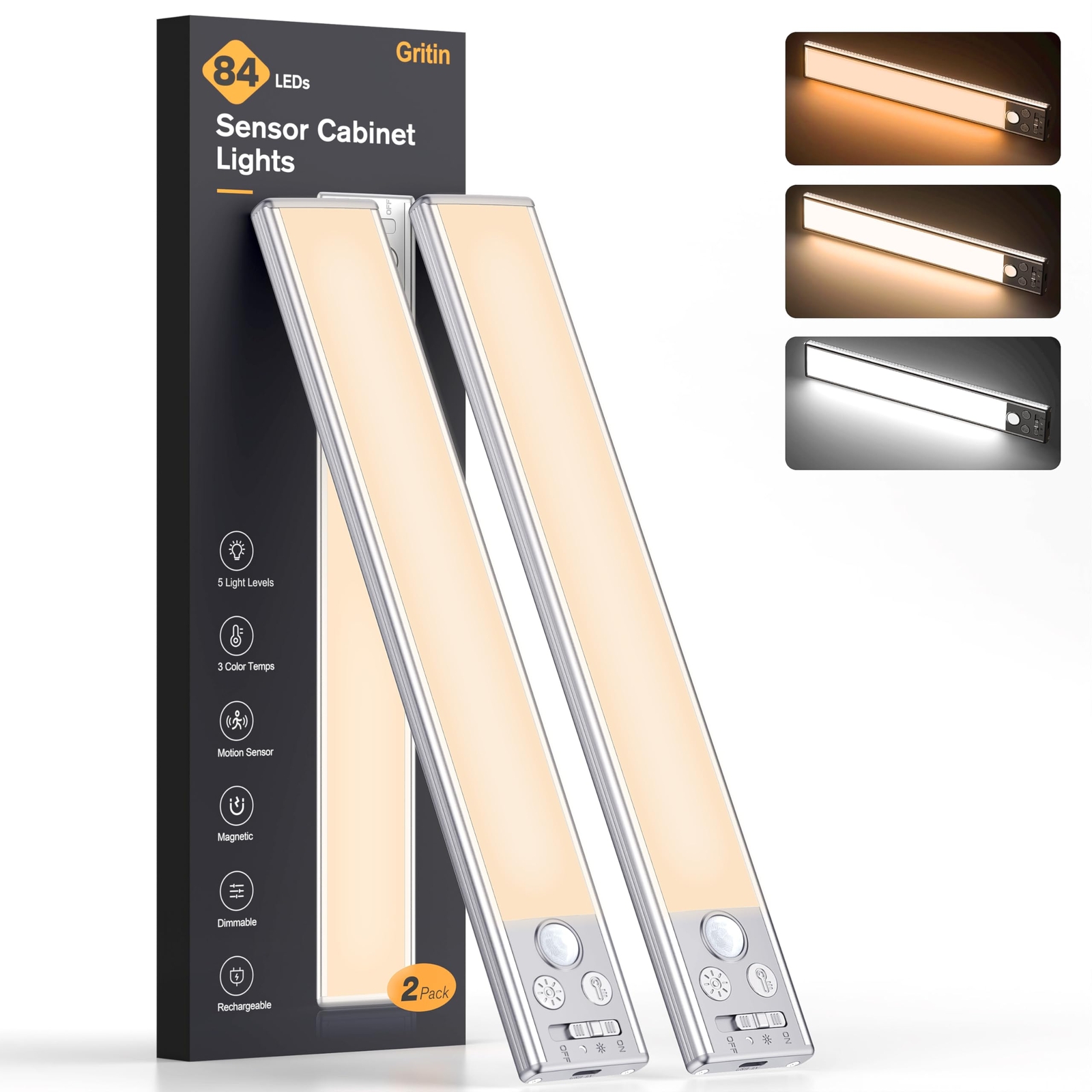 Under Cabinet Lighting 2 Pack-Motion Sensor,Rechargeable,84 LED Super Bright,3-C
