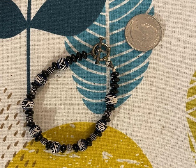 Black & dark blue bracelet hand painted ceramic beaded hand made Tribal Boho