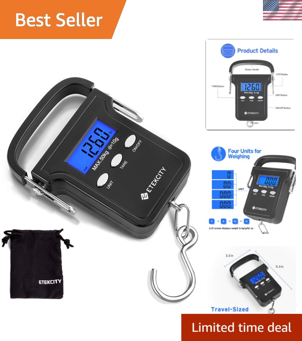 Compact Digital Fishing Scale - 110lb Capacity, Non-Slip Handle, Backlit Display