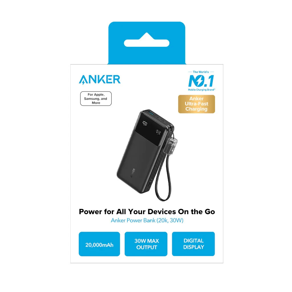 Anker - Power Bank w/ Digital Display (20,000mAh, 30W) - Black  NEW