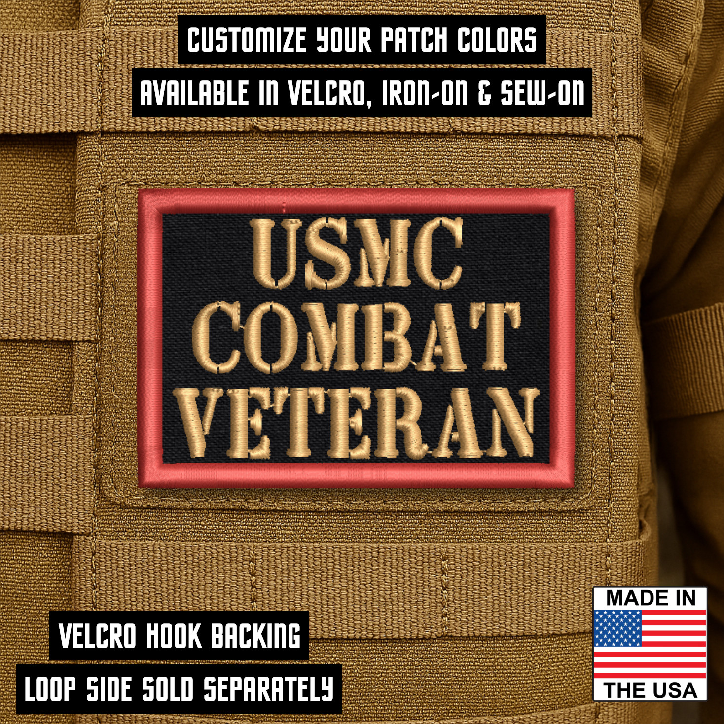 USMC Combat Veteran Embroidered Morale Patch - 2 Inch X 3 Inch, Hook & Loop Back