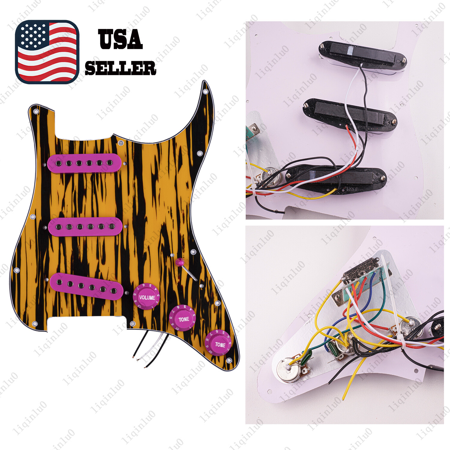 Prewired-Loaded SSS Pickguard Ceramic Pickups For Strat Tea Yellow Wicker&Purple