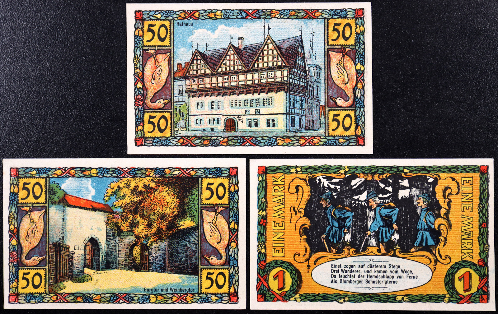 BLOMBERG 1921 2x50 Pfennig + 1 Mark German Notgeld Nice Art!
