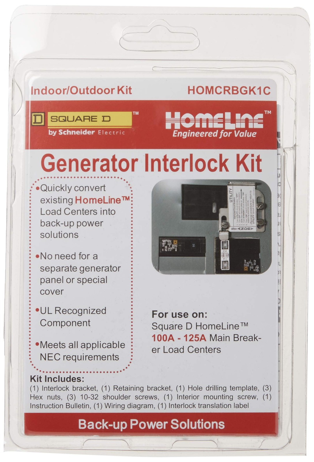 Square D HOMCRBGK1C Homeline Generator Interlock Kit 100-125A QOM1 Breaker