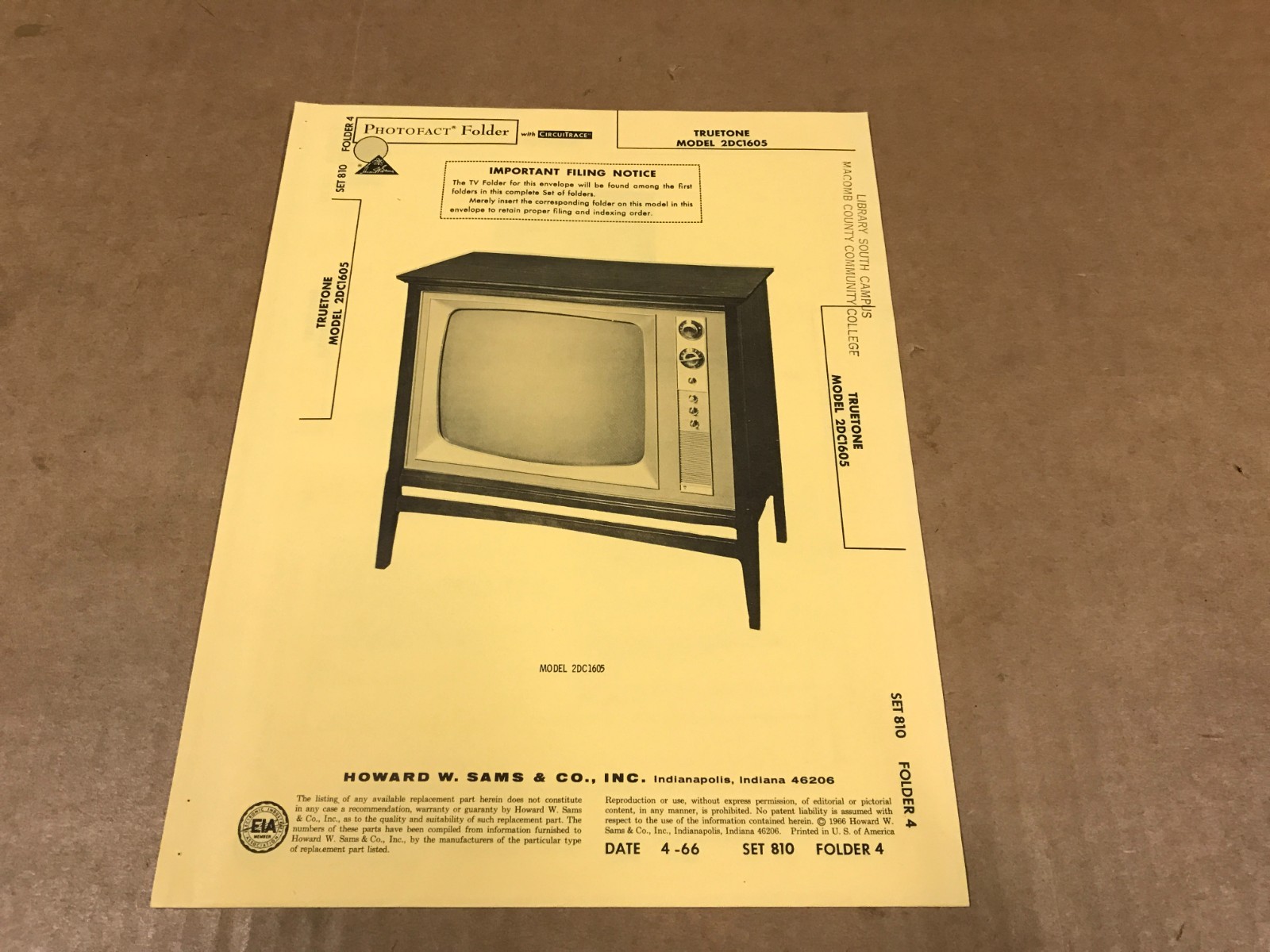 Vintage Photofact Folder - 810-4- Truetone TV Model 2DC1605