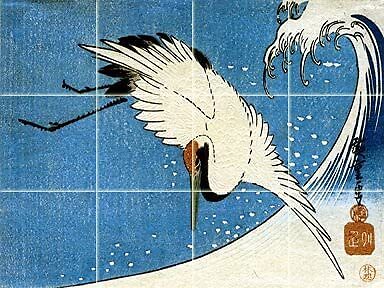 Tile Mural Crane and Wave by Utagava Japanese Kitchen Backsplash Marble Ceramic