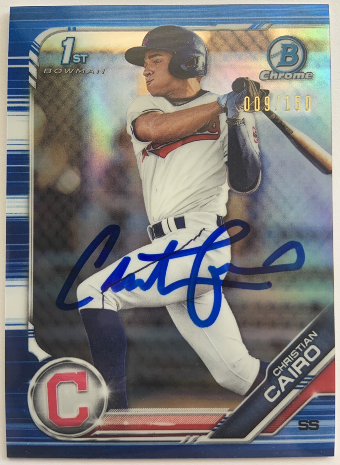 Christian Cairo Indians Signed 2019 Bowman Draft Chrome Blue Refractor /150 COA