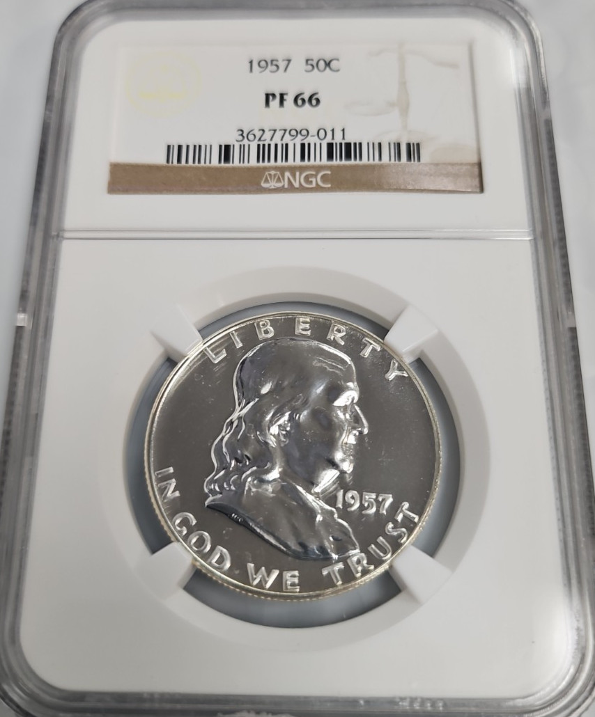 1957 50C Proof Silver Franklin Half Dollar NGC PF 66 White Coin S64