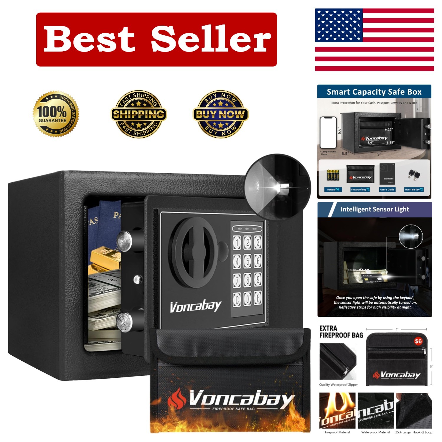 Portable Security Safe Box with Fireproof Bag & Digital Lock - 9.05" W x 6.69" D