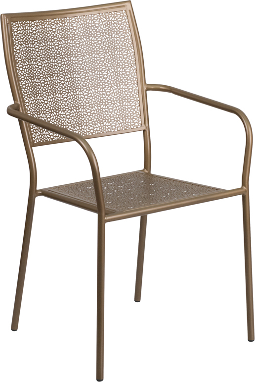 Indoor & Outdoor Gold Metal Restaurant, Patio Stack Chair with Arm & Square Back