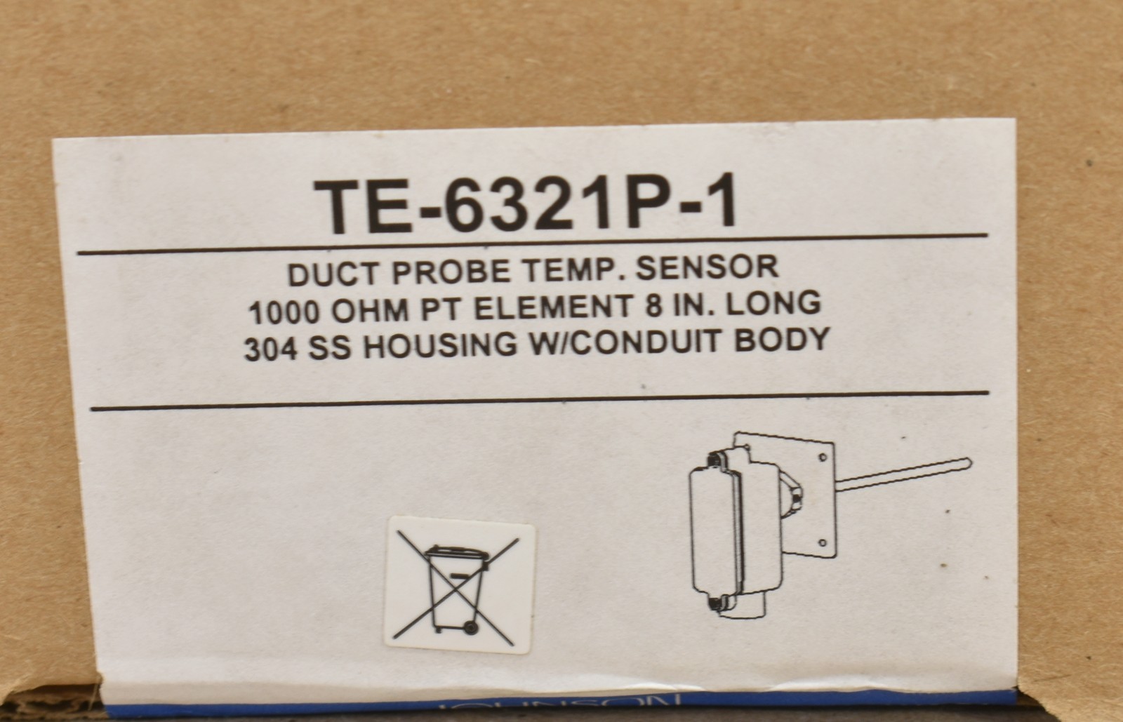 Johnson Control TE-6321P-1, Temperature Sensor, Duct Probe, 1000 OHM, Element 8"