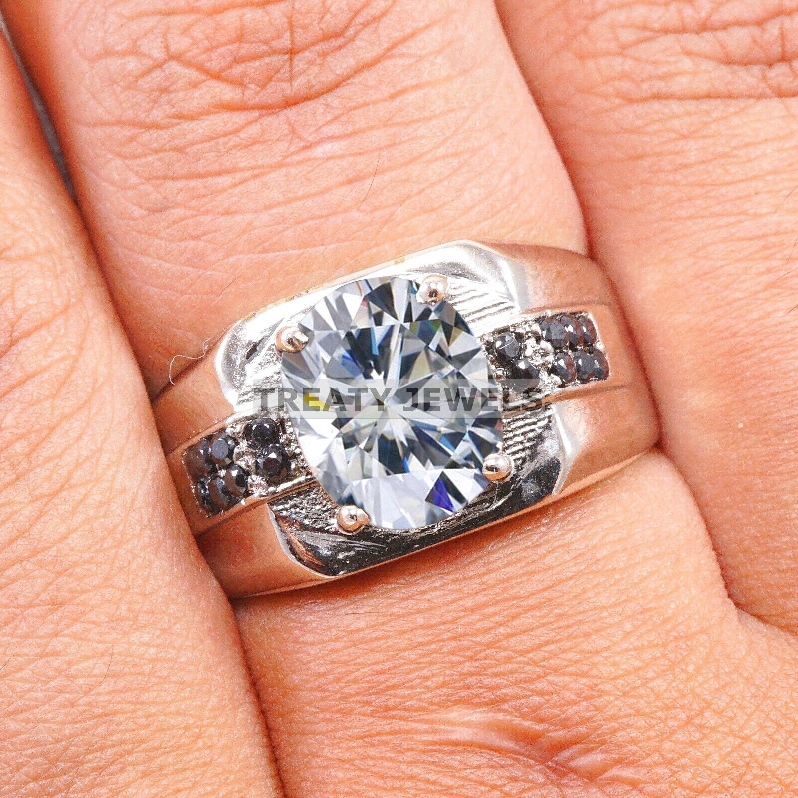 Moissanite Oval Cut Gemstone With 14K Solid White Gold Ring For Men's #B325