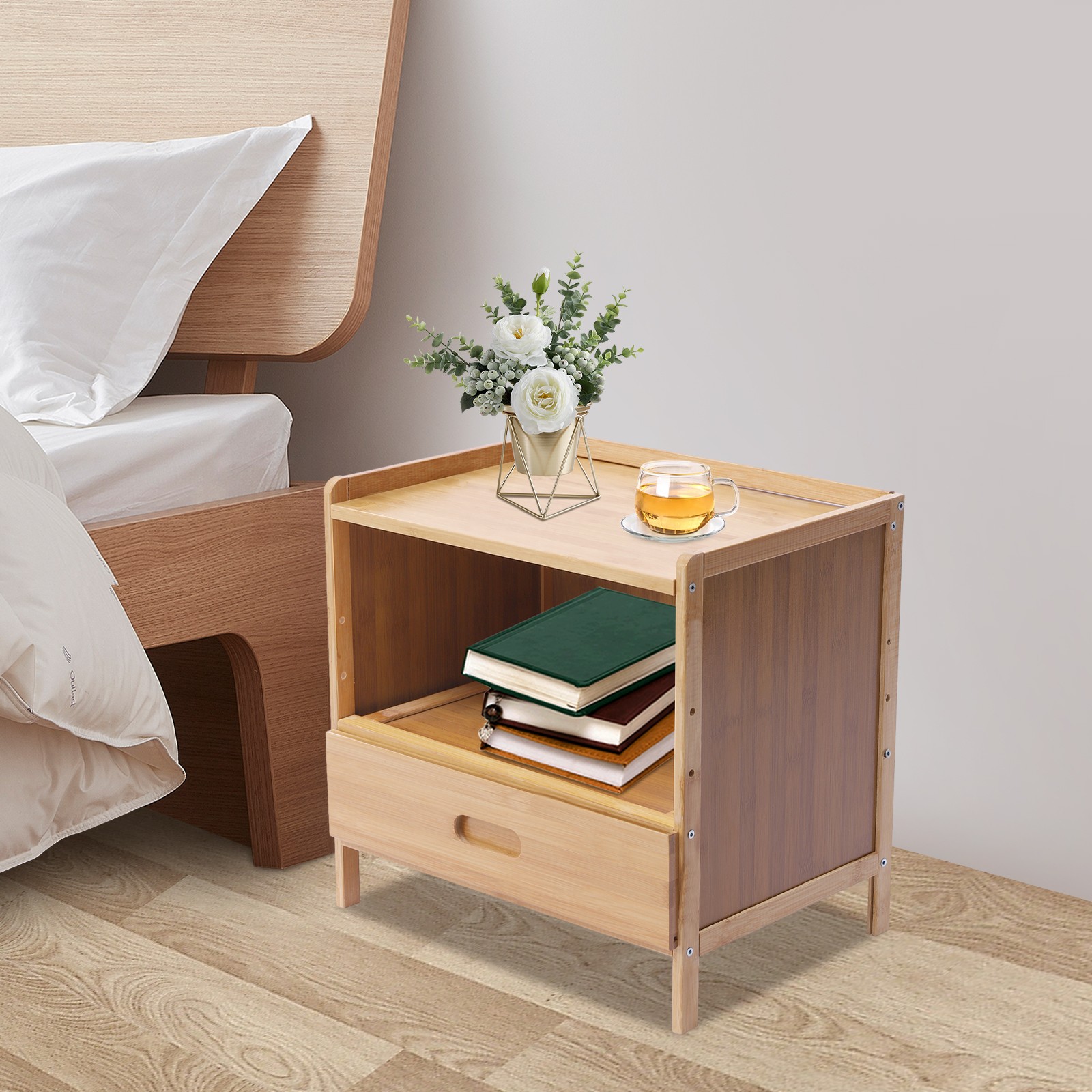Bamboo Night Stand Bedside Table- Bed Side Table with Drawers, Small Nightstand