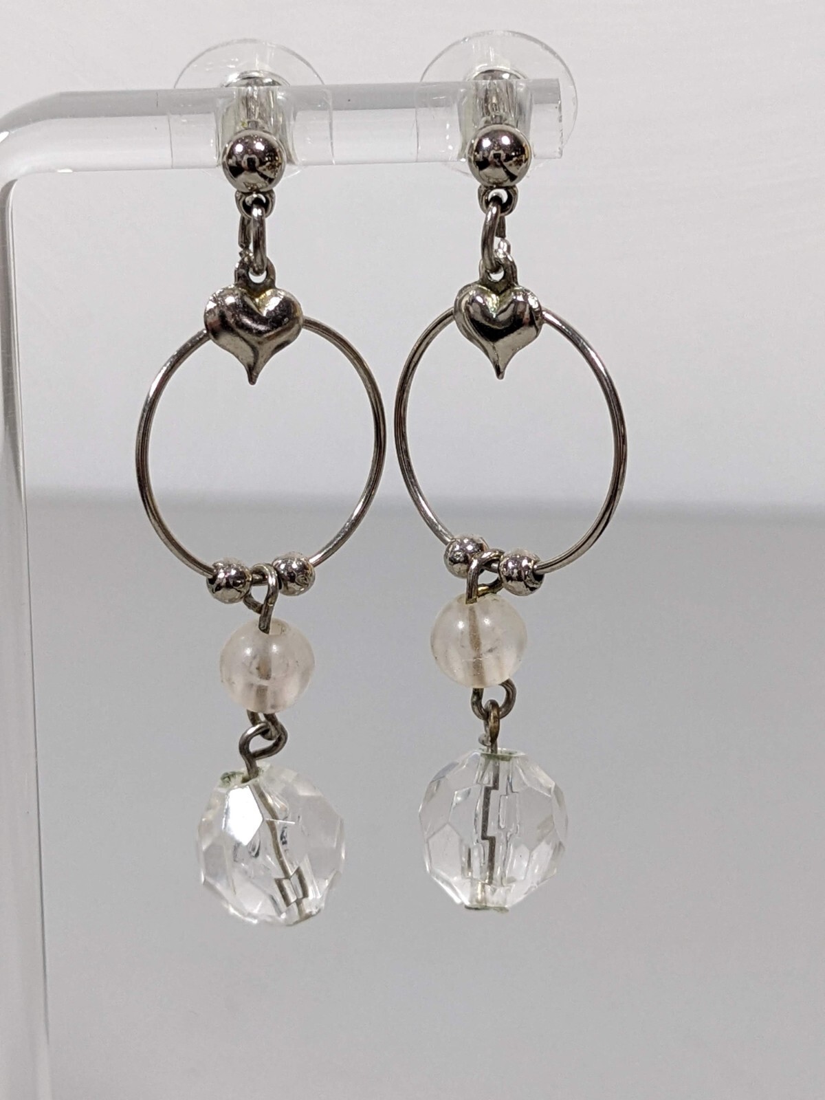 Vintage Silver Tone Heart Circle Round Acrylic Bead Dangle Earrings