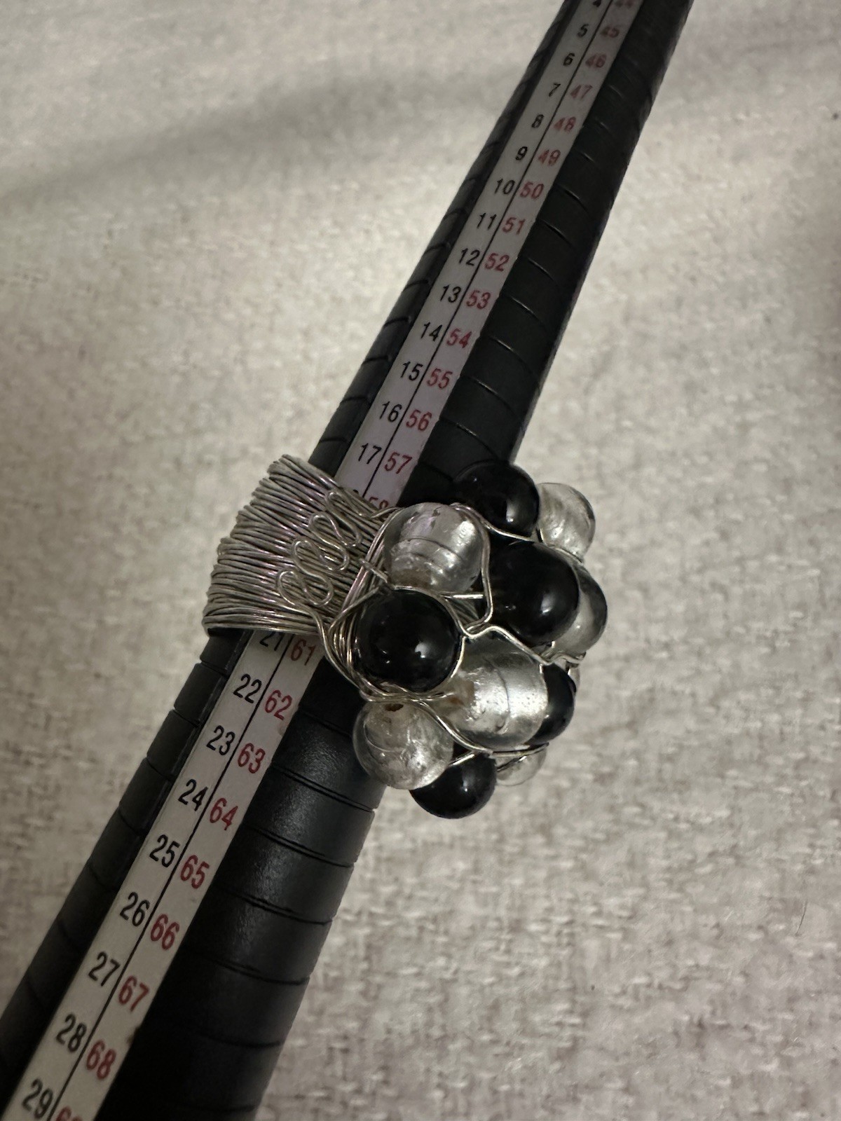 Black Bead & Silver Foil Clear Bead Wire Wrapped Statement Ring Size 9