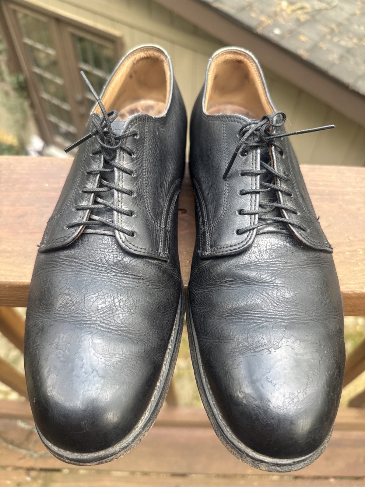 Vtg D.J. LEAVENWORTH 50s Black Lth Oxford Military Dress Shoes SZ 7.5 R