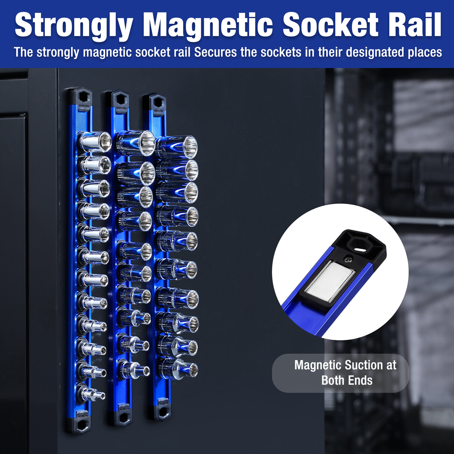 WORKPRO 1/4 Drive Magnetic Socket Organizer Heavy Duty Socket Rail Socket Holder