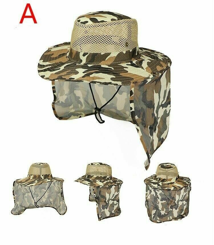 Military Camo Boonie Hat Cap Neck Cover Cotton Wide Brim Mesh Boat Fishing RV ❤