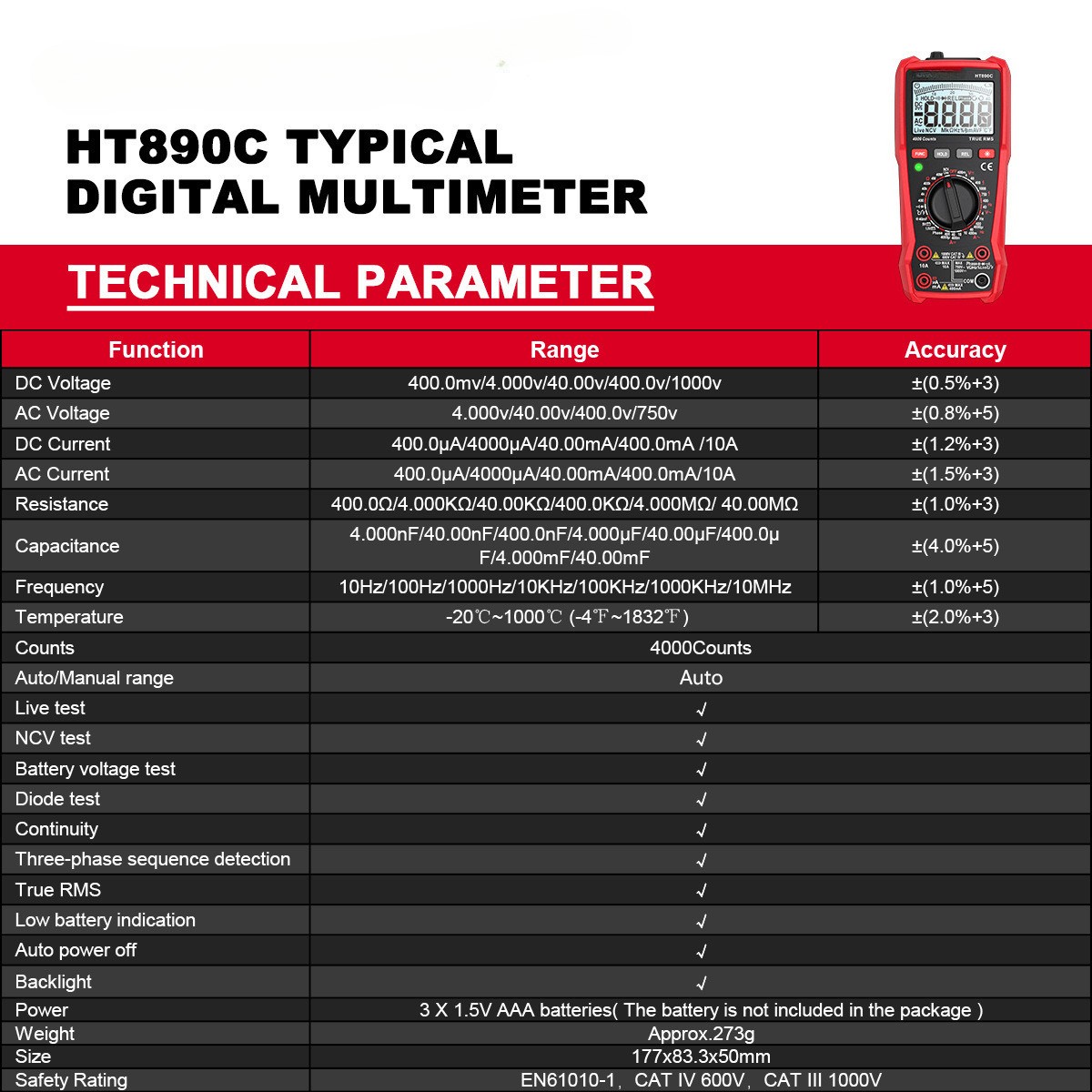 4000 Counts Valid Value Number CAT IV 600V Auto-ranging Multimeter