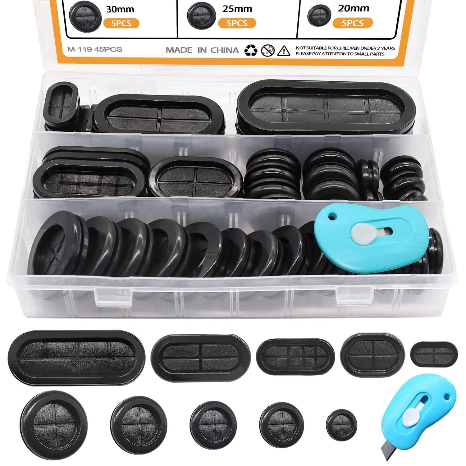 45PCS Rubber Grommet Kit 10 Size Oval and Round Double Sided Rubber Hole Plug Fi