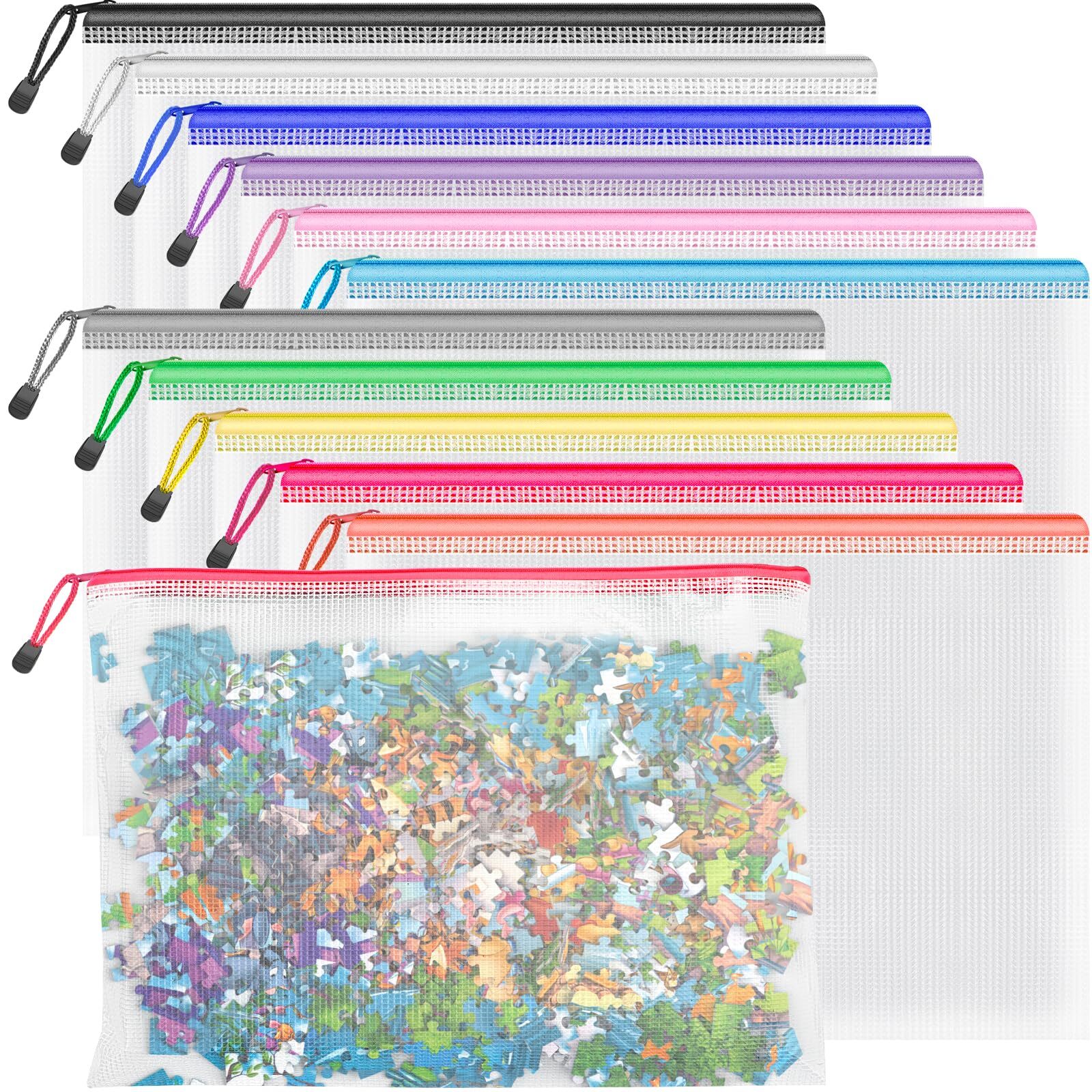 Mesh Zipper Pouch Puzzle Bags 13.0x9.0 in 12 Colors 12 Packs Letter Size A4 S...