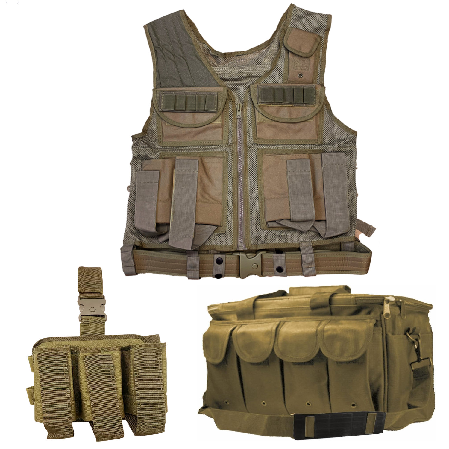 Shooters Gate Deluxe Paintball Vest, Drop Leg Carrier & Range Bag Set - FDE