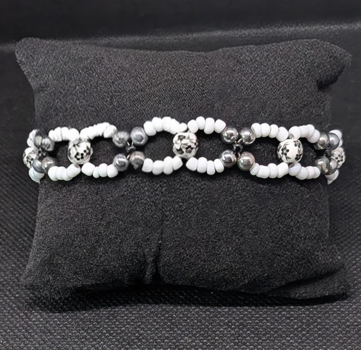 Black and White Artisan Floral Handmade Beaded Bracelet