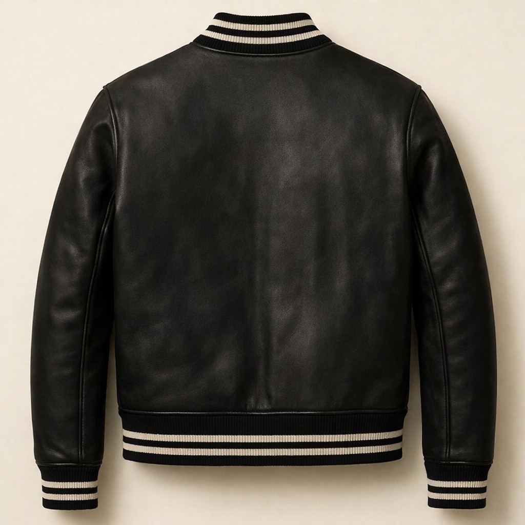 Men's Leather Varsity Jacket - Black Leather Bomber Jacket for Men
