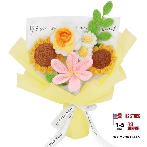 Crochet Flowers Bouquet: Handmade Knitted Sunflower Tulip Daisy Bouquet