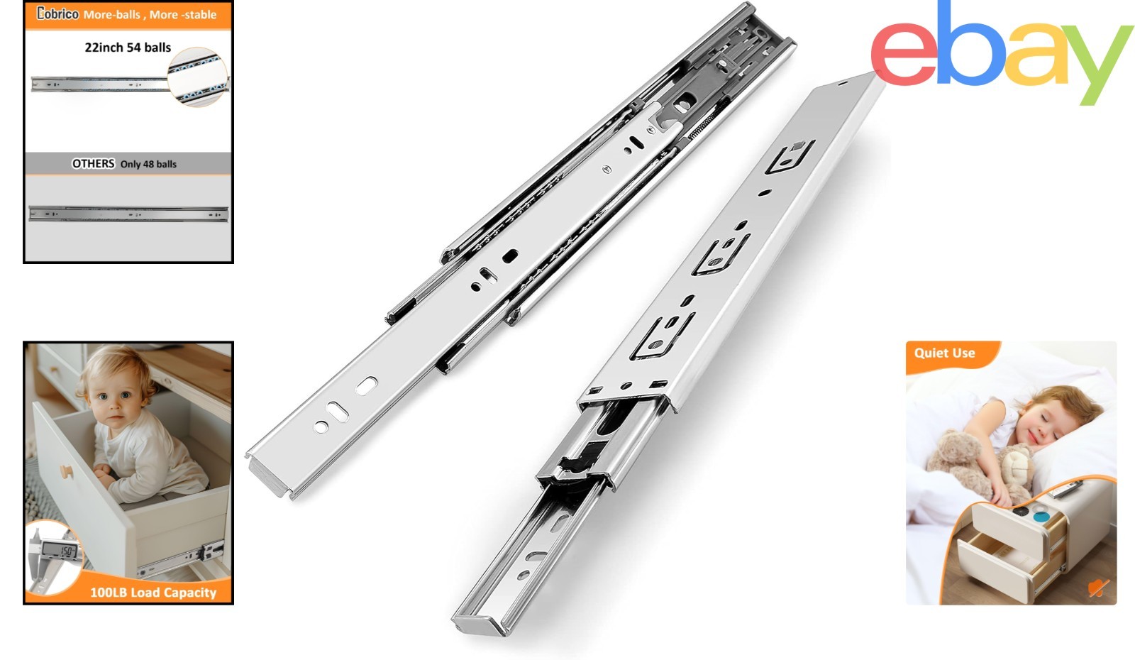 Soft Close Ball Bearing Drawer Slides, 22 Inch Length with 78LB Capacity 10 Pair
