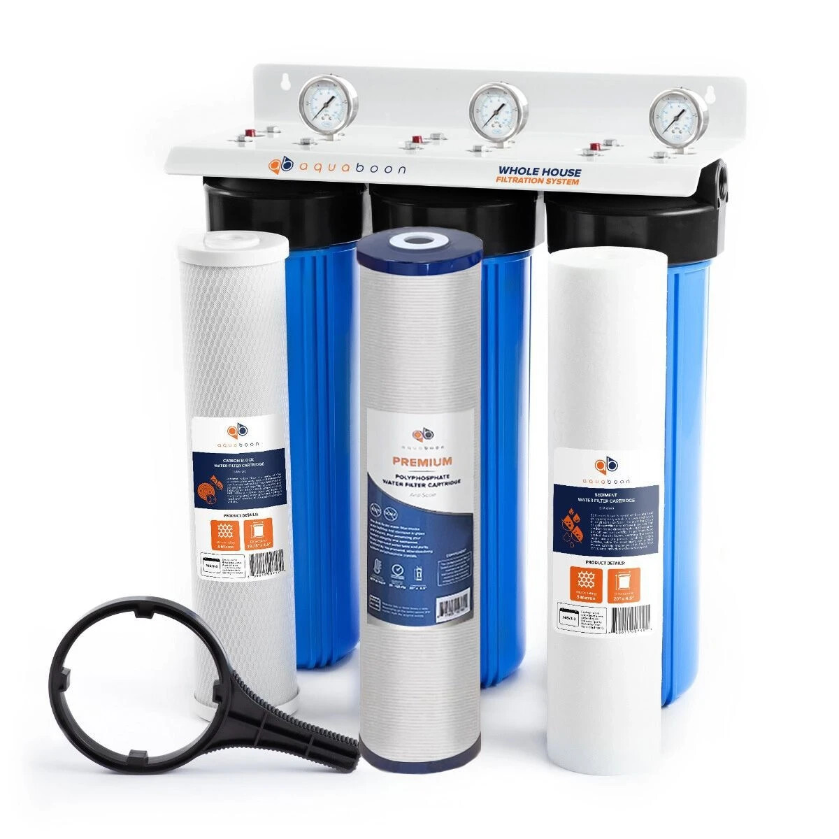 3-Stage Big Blue 20" Whole House System 1" Port+,Carbon,Sediment,Polyphosphate