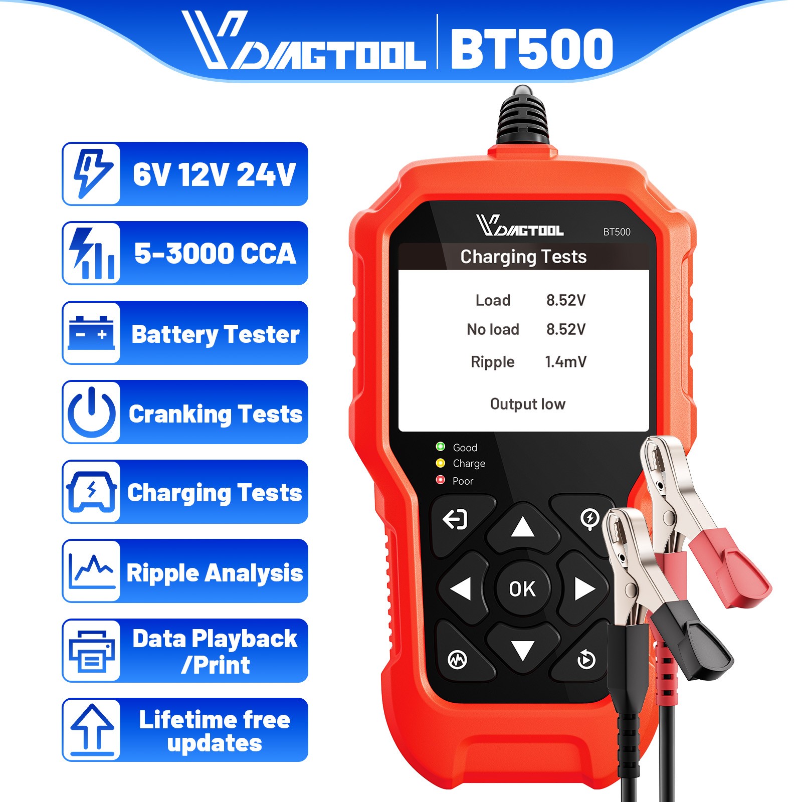 VDIAGTOOL BT500 Car Load Battery Tester Charging System Analyzer Test 24V/12V/6V