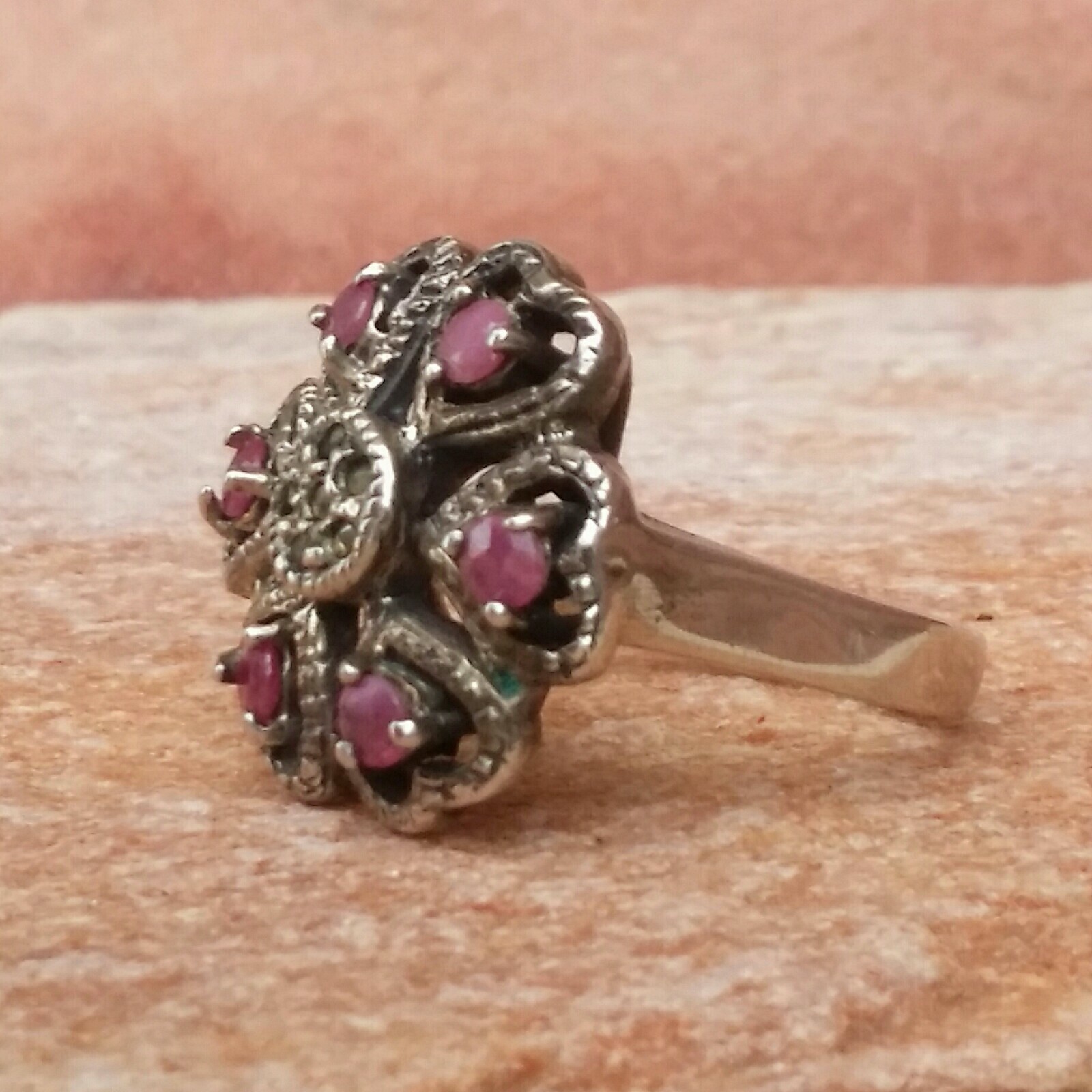 925 SILVER RING women's SOLITAIRE SEAL ruby pink flower