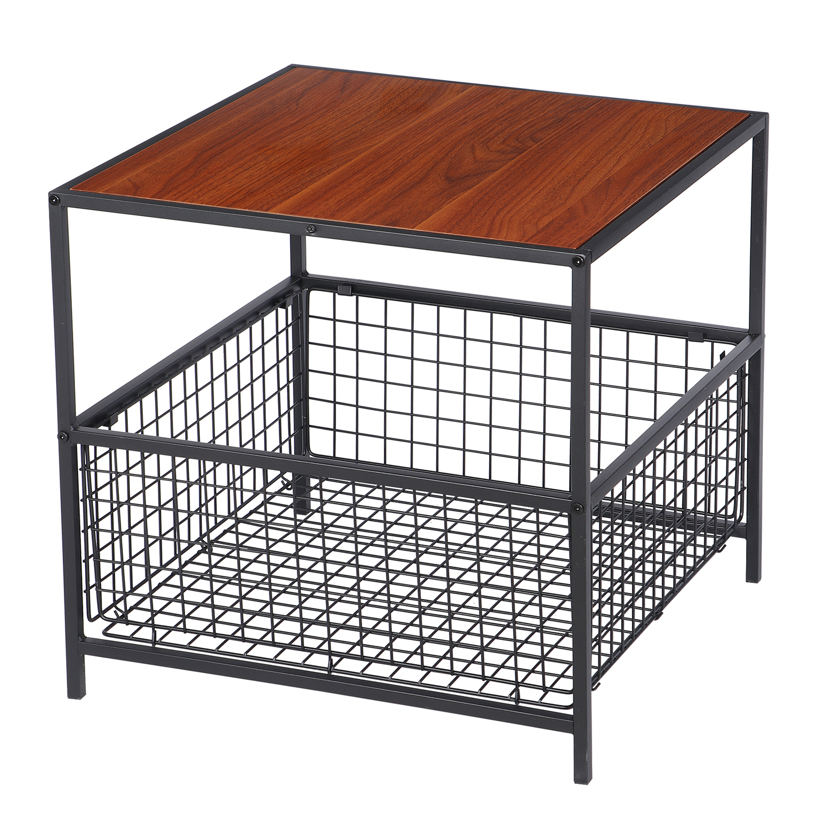 Square Sofa Side Storage Cabinet Compact Coffee Table Basket Metal Frame, Black
