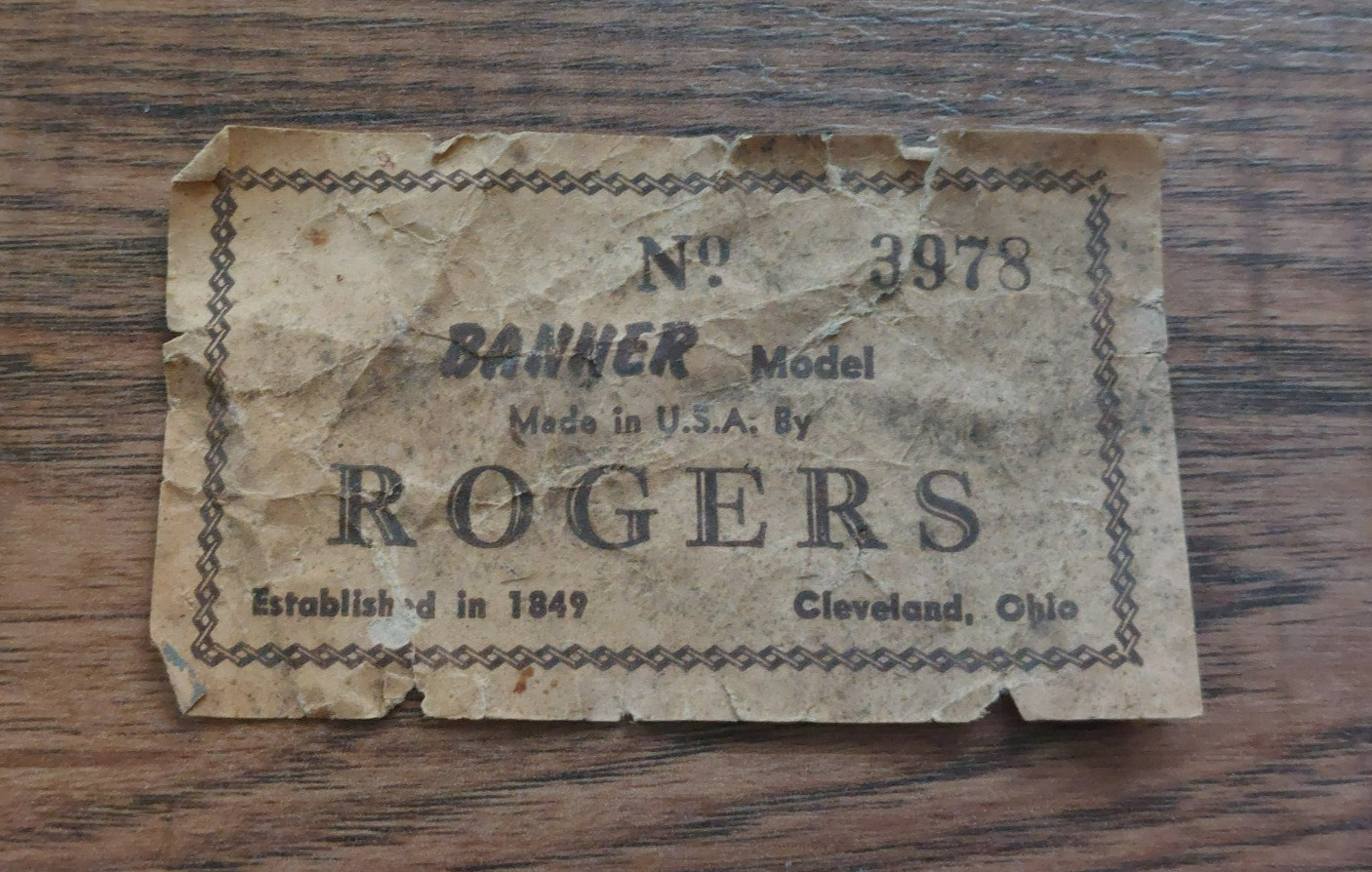 Vintage Rogers Banner Internal Drum Badge Tag Label c/w Serial Number (638)