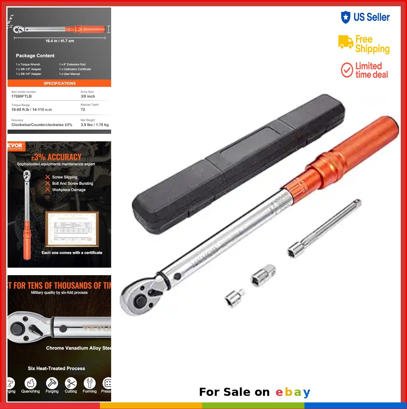 3/8 Inch Drive Click Torque Wrench 10-80 ft lb 14-110 Nm Mechanical Dual Scale