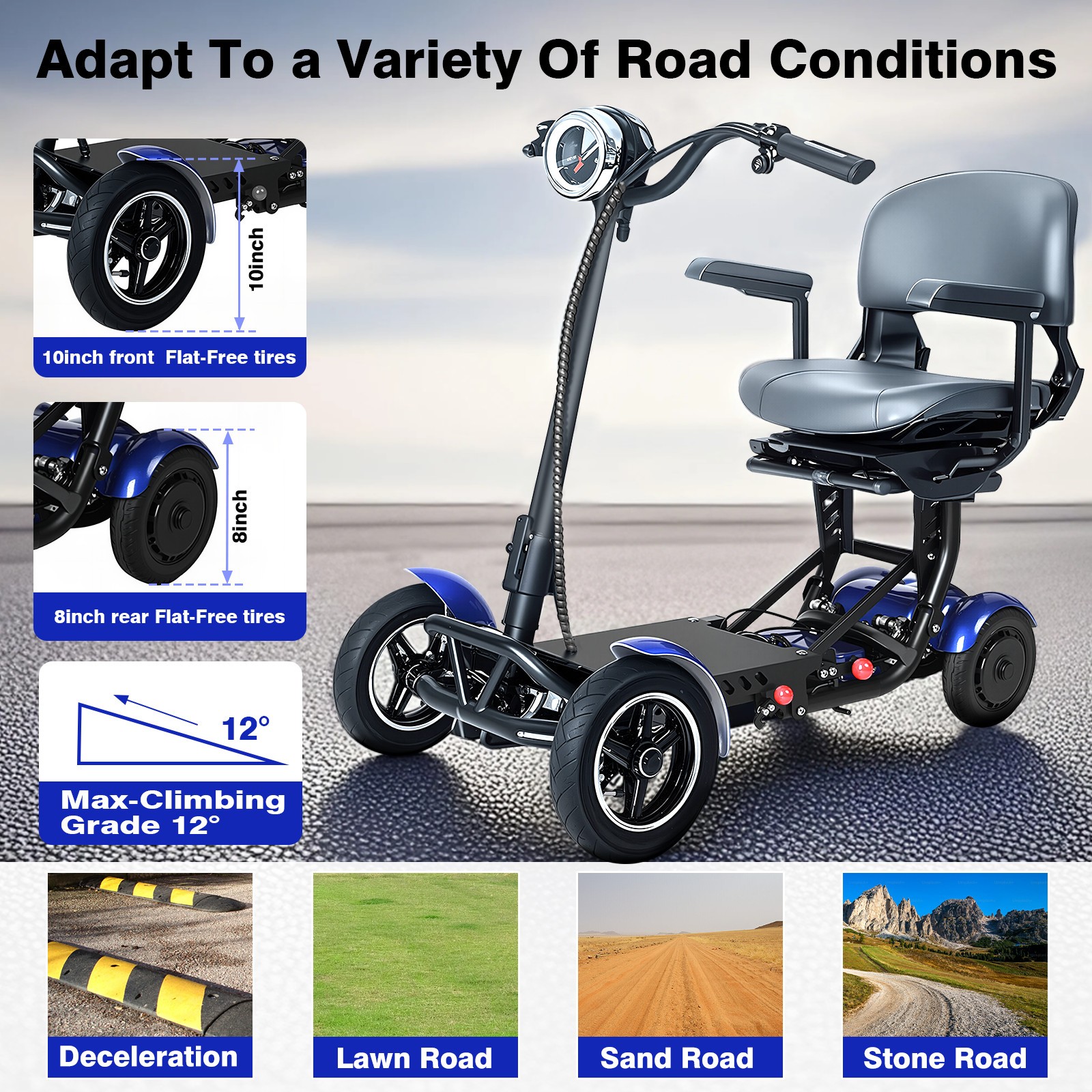 Foldable 4 Wheel Mobility Scooter Folding Drive Device for Seniors Adults US