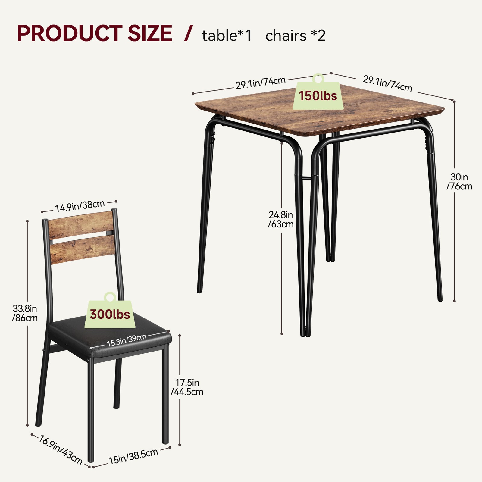 3 Piece Dining Set Gray Black Storage Compact Kitchen Dining Room Square Modern