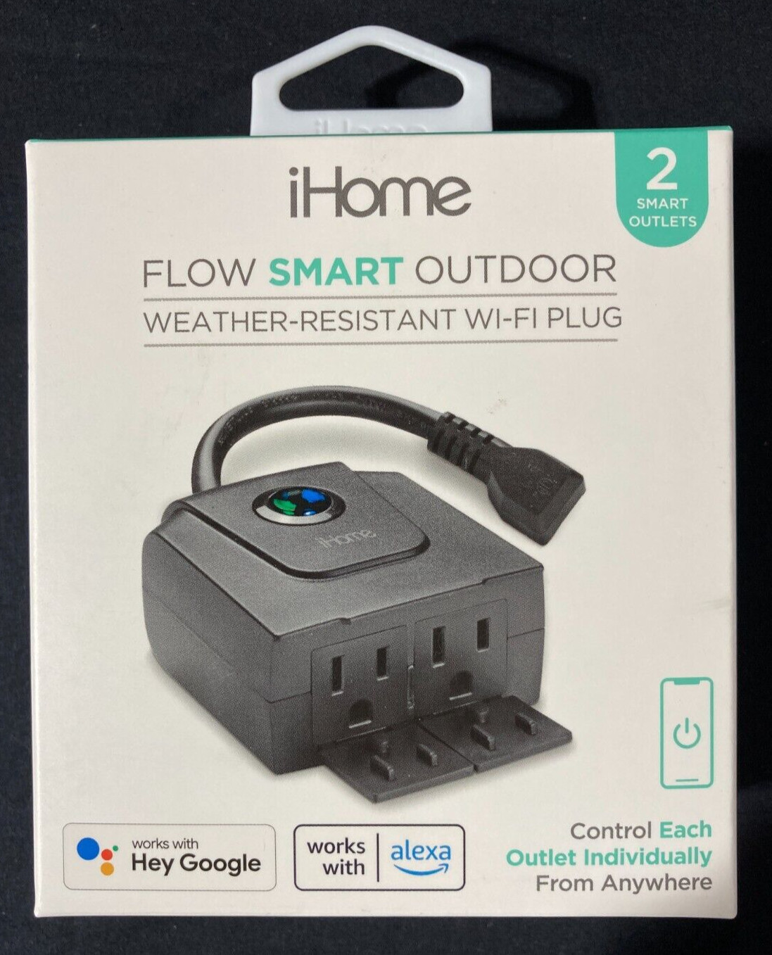 iHome Flow Smart Outdoor Weather - Resistant Wi-Fi Plug 2 smart outlets - New