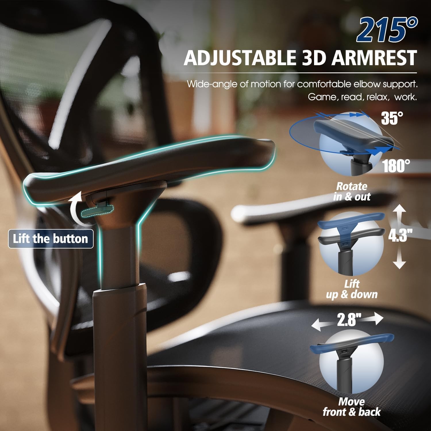 Ergonomic Office Chair,3D armrest - 215° Rotation, 350LBS for Work Gaming
