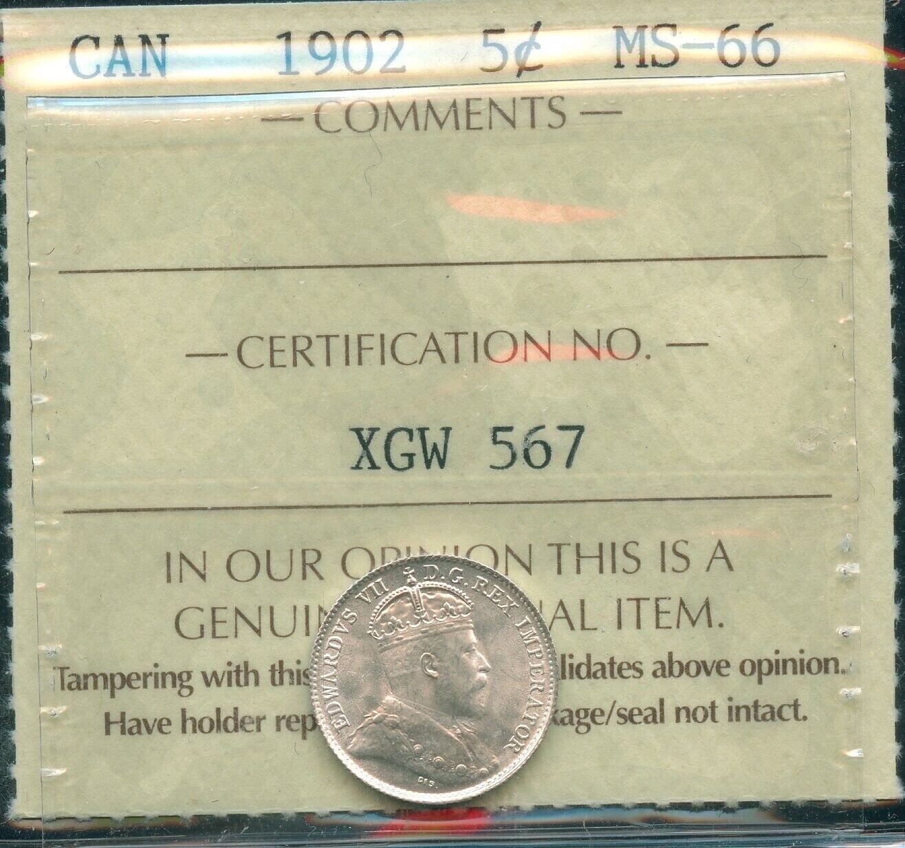 1902 Canada Five Cents - ICCS MS-66 - Cert#XGW 567