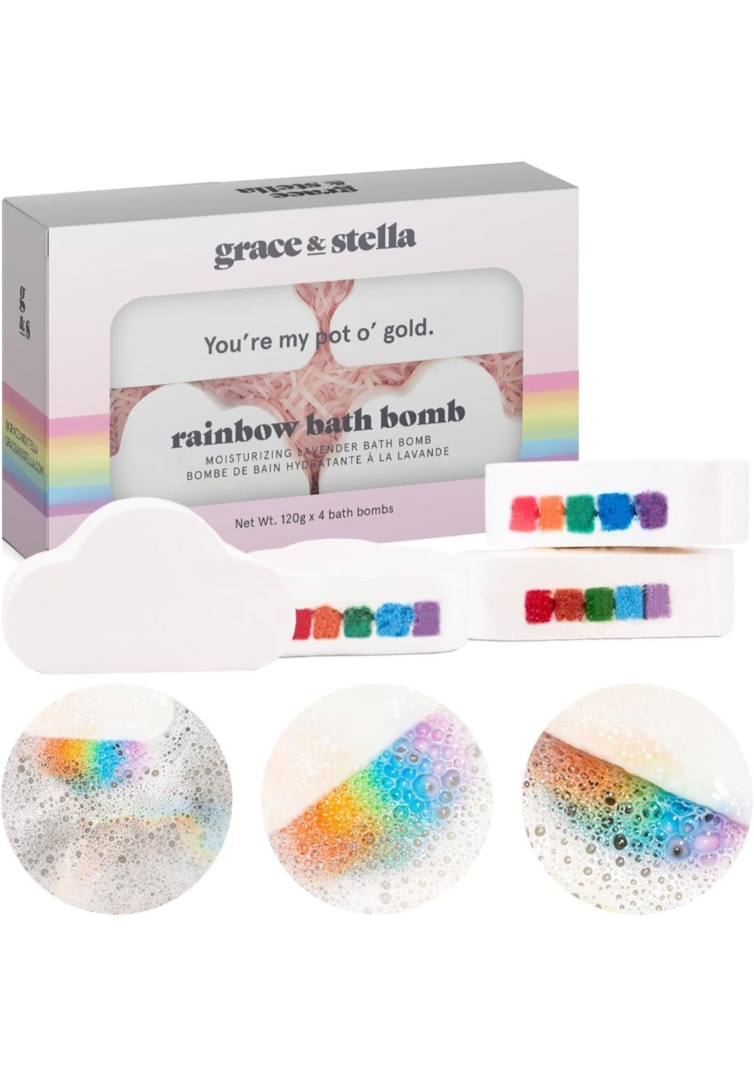 Grace & Stella - Rainbow Bath Bombs - 4 Pack - Moisturizing - Pot O' Gold - NEW