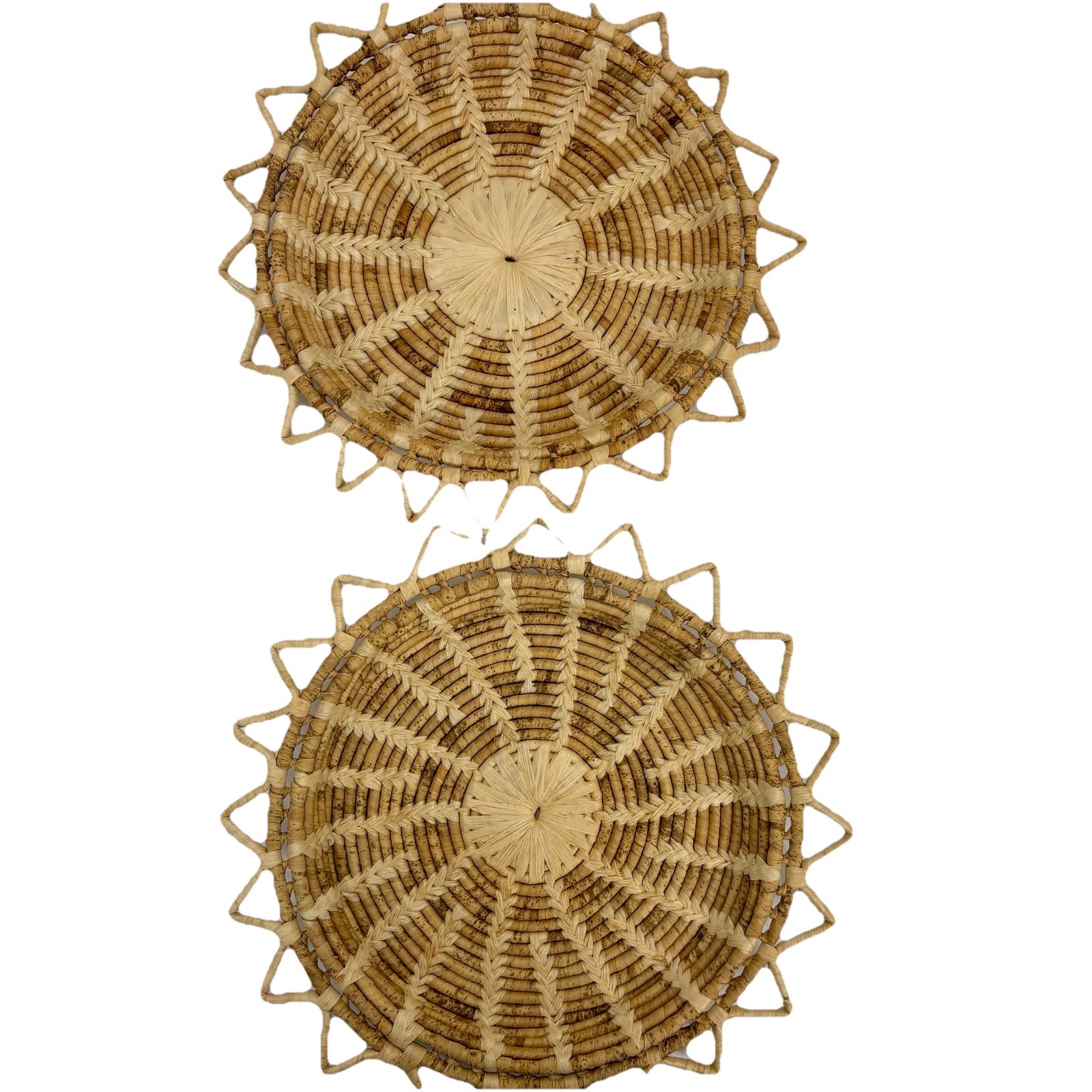 2 Vtg Woven Coiled Sun Star Starburst Basket Tray Bowl Boho Wall Table Decor