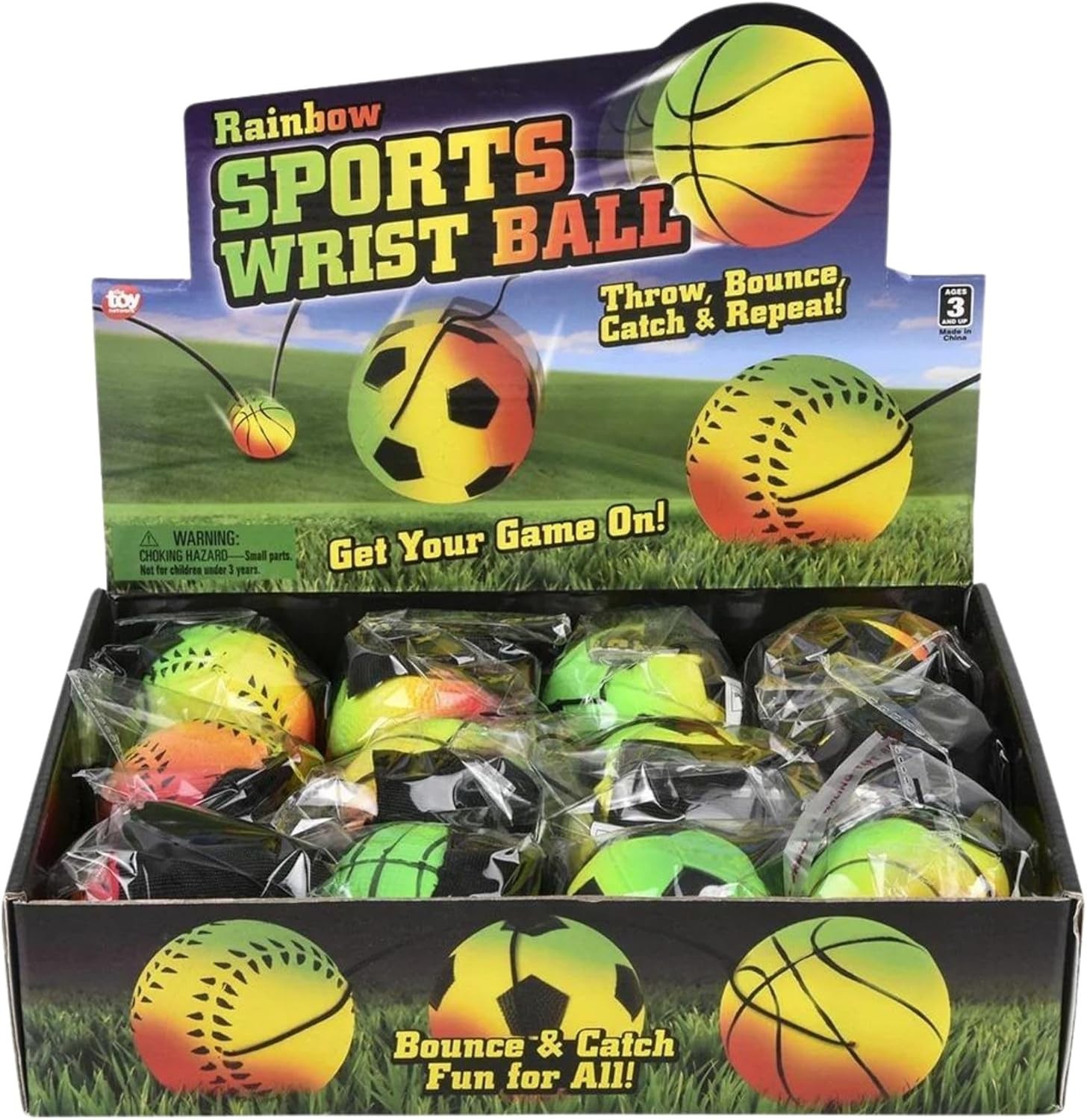 12 Pk  Rainbow Sports Wrist Band Return Ball (2.25")  Soccer Basketball Baseball