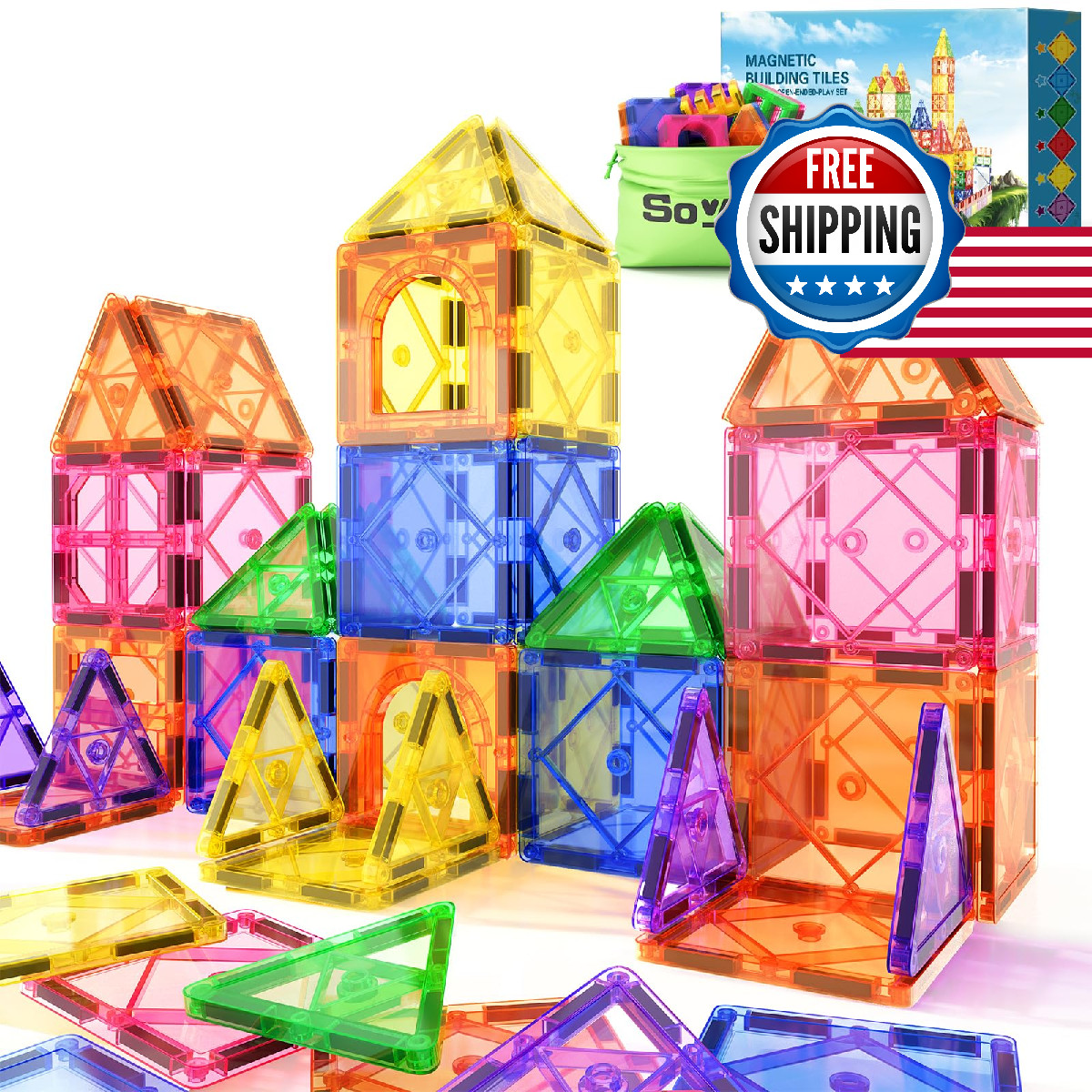 Soyee Magnetic Tiles Building Blocks Kids 3-12 STEM Toys Toddler, 32 Pcs