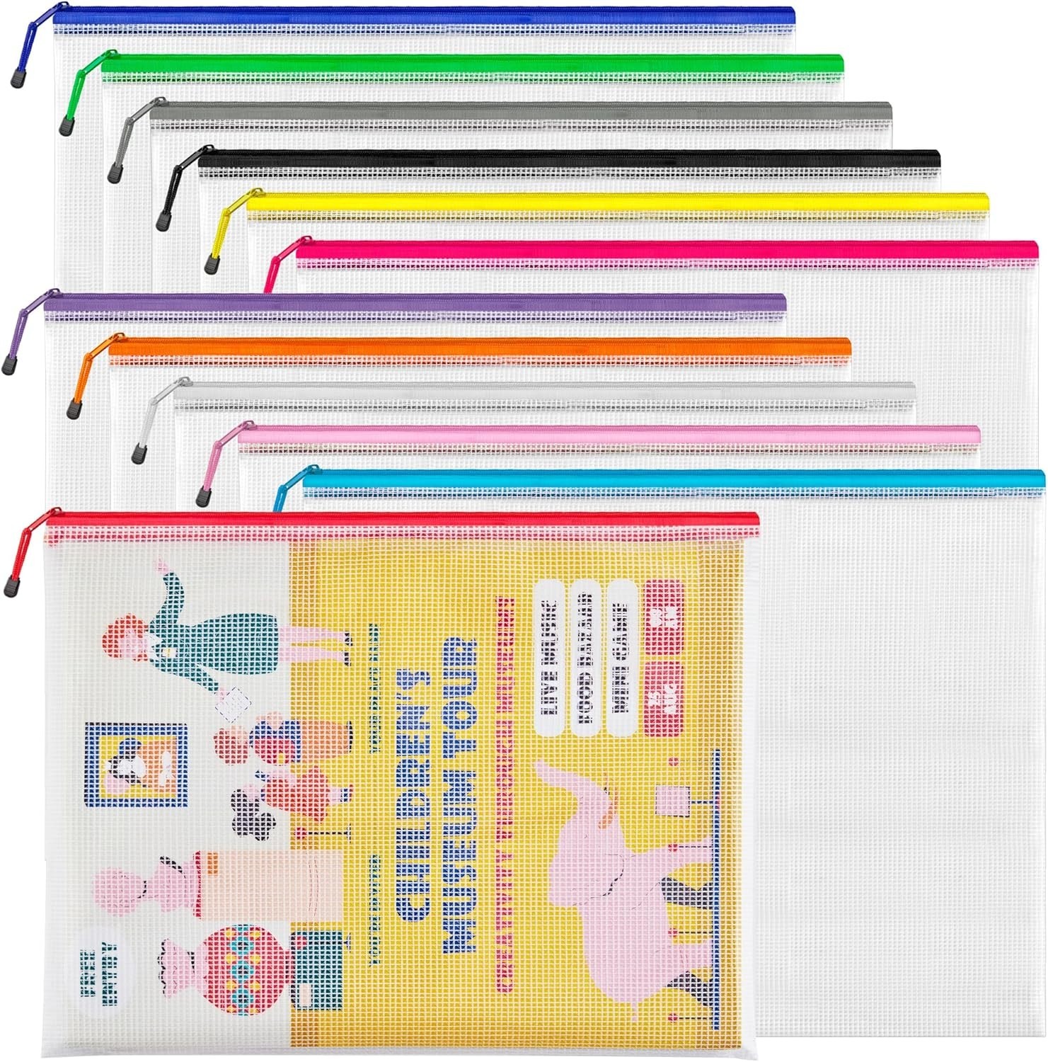 A3 (16.5X12.6 In, 36 Pcs) Mesh Zipper Pouch, 12 Colors Extra Large Zipper Bags,