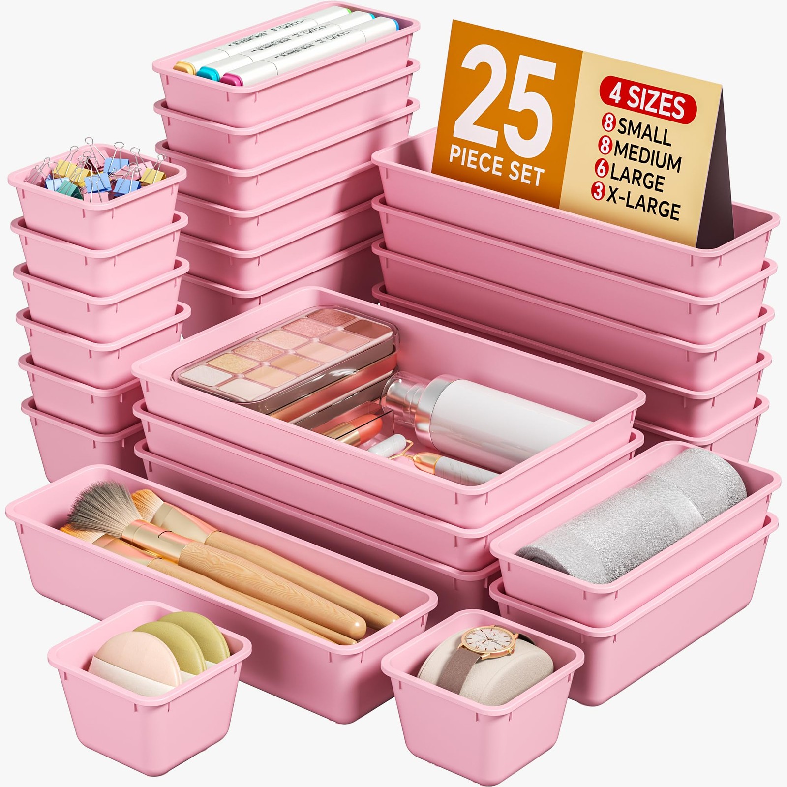 25~Piece Plastic Drawer Organizer Set, 4 Sizes, Pink for Makeup & Desk