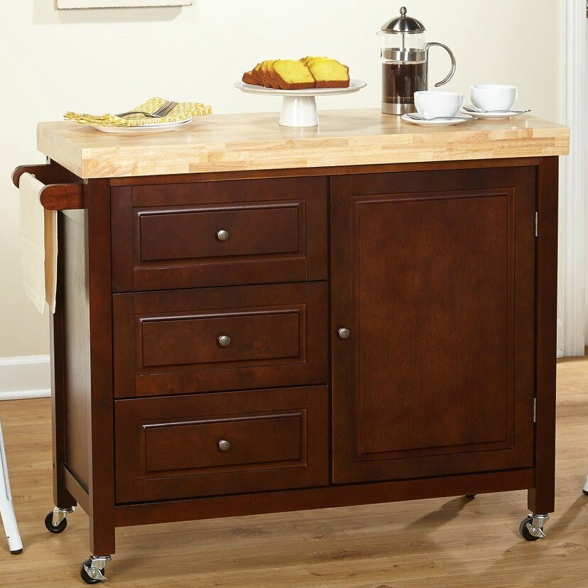 Rolling Kitchen Island Cart Natural Wood Top and Towel Bar - Espresso Finish